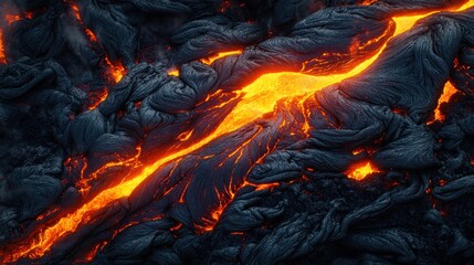 Fototapeta premium Molten Lava Flow: Witness the raw power of nature as fiery lava carves its path through rugged terrain, a mesmerizing display of earth's untamed energy.