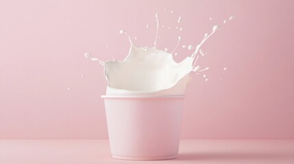 Dynamic milk splash swirling around blank yogurt container with simulated packaging design, isolated against solid pastel background 