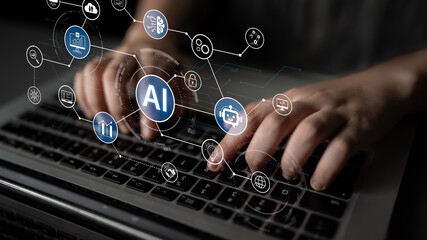 AI network diagram with connected technology icons for digital business. AI platform, analytics, AI...