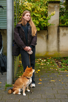 Waiting on bus stop with Dog