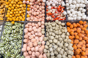 Assorted Frozen Fish and Meat Balls for Hot Pot and Asian Soups, Top View Food Background