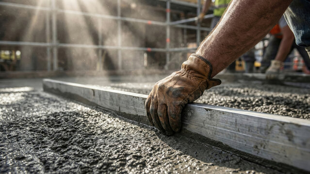 Construction worker leveling wet concrete with a metal screed tool on a sunny industrial building site.