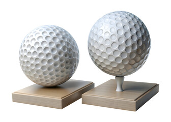 Two golf balls on wooden stands with one on a tee