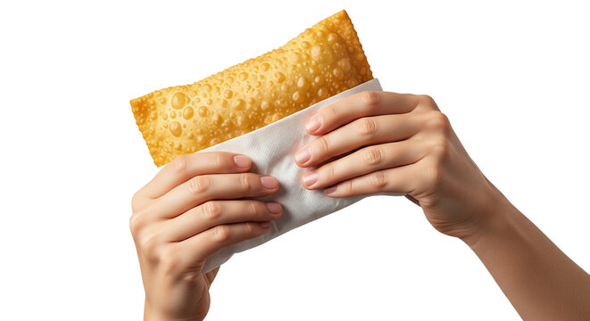 Close-up of hands holding a freshly fried pastel, a popular Brazilian street food pastry, isolated on a white background
