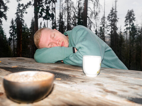 A guy dozed off after a walk in the forest.