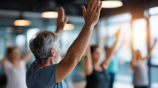 Fitness class for faceless seniors in bright community center participants following instructor's lead active aging wellness program group exercise indoor fitness room