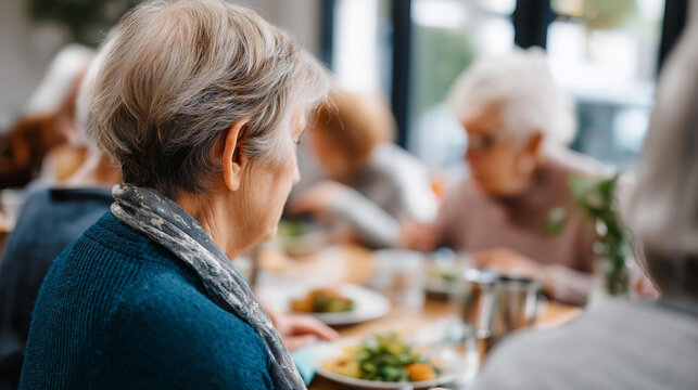 Group of faceless seniors having lunch in community center cafeteria elderly social dining nutrition program senior services indoor cafeteria space natural lighting