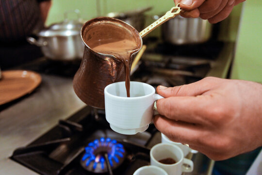 Istanbul, Turkey. Preparing traditional Turkish coffee.