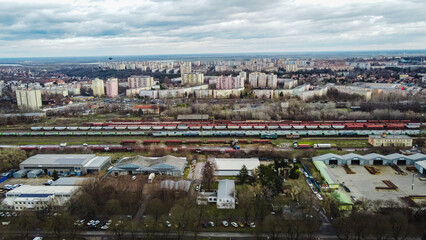 Obraz premium Aerial panorama of industrial district and residential cityscape in dunaújváros