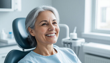 cheerful senior woman smiling at camera while sitting in dental chair