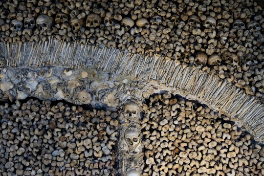 Evora, Portugal. Europe Capelo do Ossos - Chapel of Bones. 17th Century gothic church. Interior is decorated with over 5000 bones/skulls.