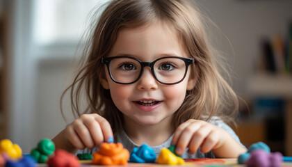 Cute little girl playing with colorful plasticine at home, close up