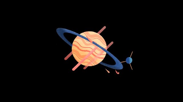 ringed planet in space with small satellite orbiting colorful cartoon animation dark background seamless loop scene