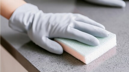 Fototapeta premium Woman hand in rubber glove cleaning countertop with sponge. Household chores concept for home cleaning and disinfection.