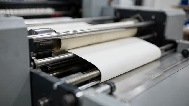 Focused shot of local insert assembly on printing press paper sheets in sharp detail while the surrounding machinery softly blurs.