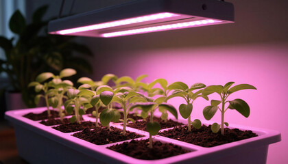 The seedlings, growing indoors, thrive under an LED grow light.