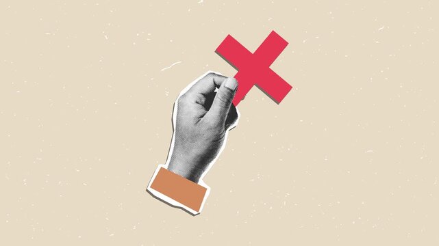 Right and wrong concept animation: hands holding checkmark and cross icons in vintage collage style on grainy background