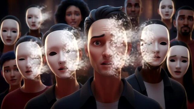 Man Dissolving Amidst Emotionless Masks Representing Social Pressure.