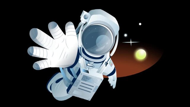 astronaut floating in space reaching forward with stars and glow cartoon style animation seamless loop dark background clip