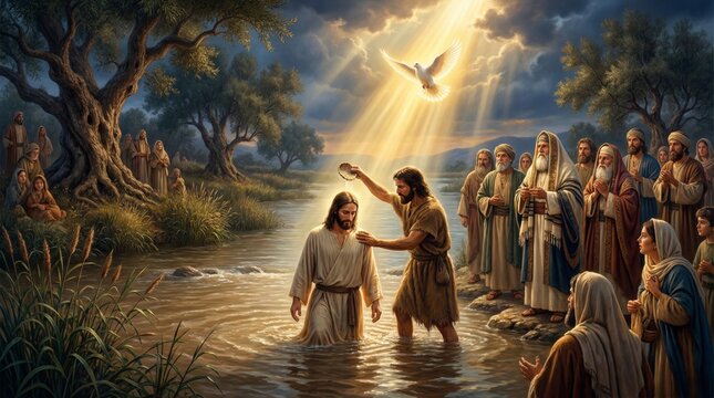 Jesus Christ is baptized by John the Baptist in the Jordan river with a dove and light from heaven above, a religious concept.