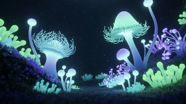 Enchanting bioluminescent mushrooms glowing vibrantly in a dark, mystical forest at night
