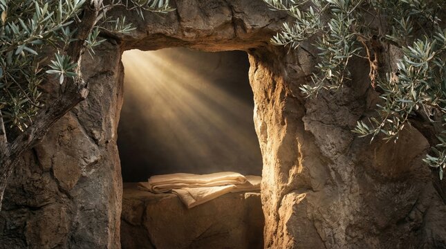 The empty tomb with burial cloths in a cave illuminated by radiant light, symbolizing the resurrection of Jesus Christ on Easter