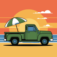 A vintage green truck with an umbrella on the beach at sunset.