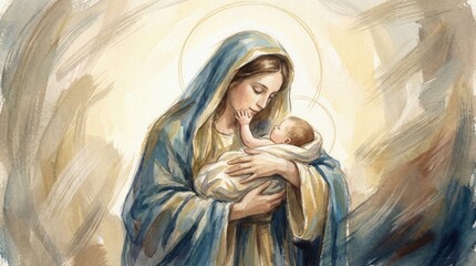 Fototapeta premium Woman Mary cuddling baby Jesus. Watercolor painting of the Madonna and Child. Devotion and Christian faith for Christmas and Easter.