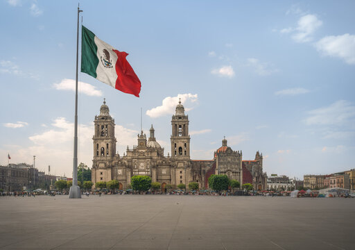Zocalo Square with Mexican Flag and Metropolitan Cathedral - Mexico City, Mexico