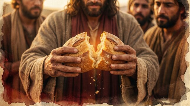 Man resembling Jesus breaking bread, concept of communion and spiritual nourishment. Religious art for church, Christianity, or Last Supper depiction.