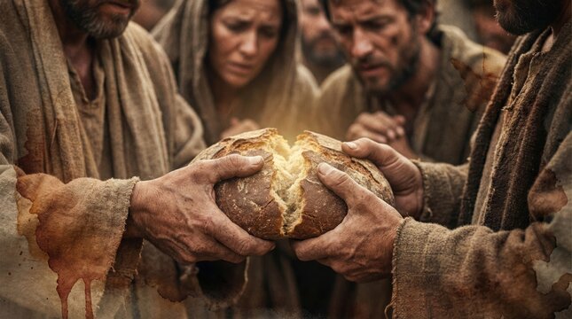 Man breaking bread with a woman and other men in the background. Biblical scene concept for religious education, Christian faith, and community.