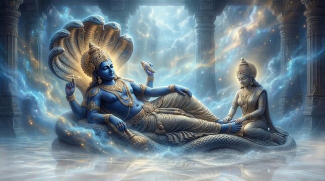 Hindu god Vishnu reclines with Brahma and goddess Lakshmi. Spiritual devotion, meditation, and religious beliefs for worship.