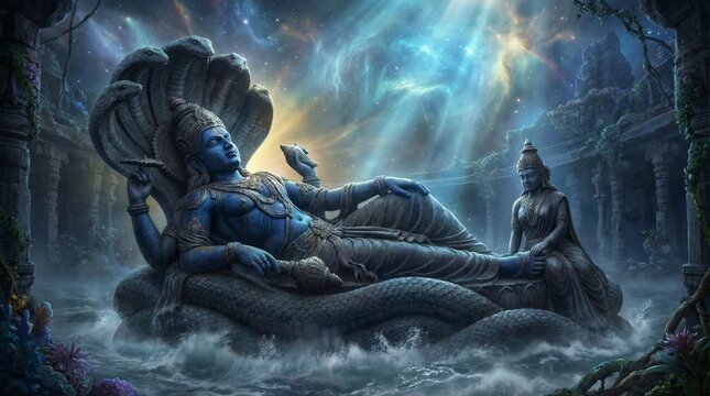 Hindu deity Vishnu resting on Ananta Shesha in cosmic ocean, with goddess Lakshmi. Ancient Hinduism, spirituality for religious art.