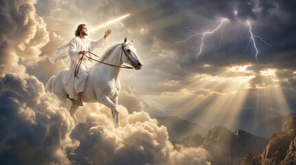 Jesus Christ riding white horse in heavenly clouds. Religious concept for Christian faith and second coming.
