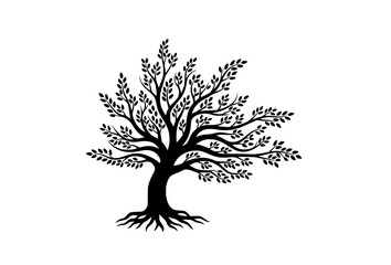 Obraz premium Fantasy Black Tree Silhouette with Twisted Branches and Exposed Roots Vector Illustration