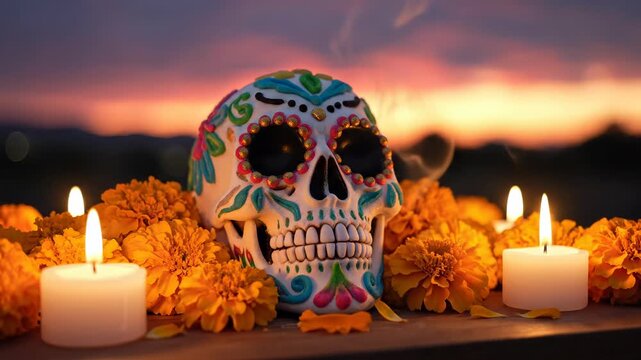 Traditional Day of the Dead celebration with sugar skull, marigold flowers, and burning candles at dusk