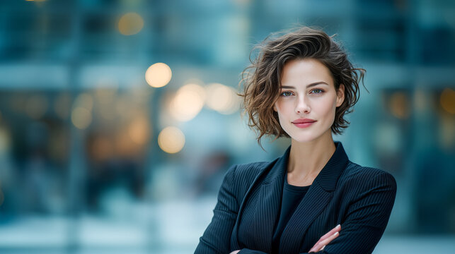 Selbstbewusste junge Frau im Business-Look vor modernem B&uuml;rogeb&auml;ude