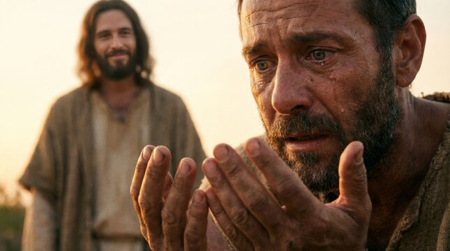 Man crying seeking divine intervention with Jesus in the background, a moment of profound faith. Religion, spirituality, prayer, Catholicism.