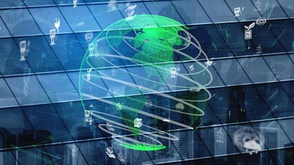 A vibrant digital rendering of the Earth showcasing connectivity and sustainability themes with icons on a reflective urban building backdrop emphasizes modern technological progress. Xenic © InfiniteFlow