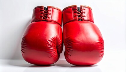 Red boxing gloves isolated on white background with realistic leather texture and soft shadow, symbolizing strength, competition, training, and fighting spirit. Clean studio shot.