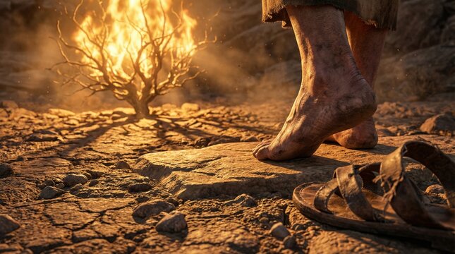 Man stands barefoot before a burning bush, with sandals on the ground. Biblical story of Moses at Horeb for religious concept.