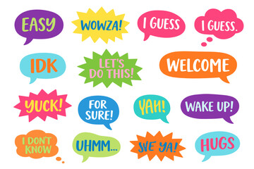 Obraz premium Cute typography speech bubbles with reactions: easy, wowza, i guess, idk, let's do this, welcome, wake up, yuck and hugs, modern chat sticker collection.
