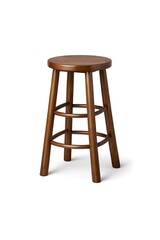 A wooden stool is placed on a white surface. The stool has a round top and four legs. It is designed with a simple look and no visible markings. The setting appears to be indoors