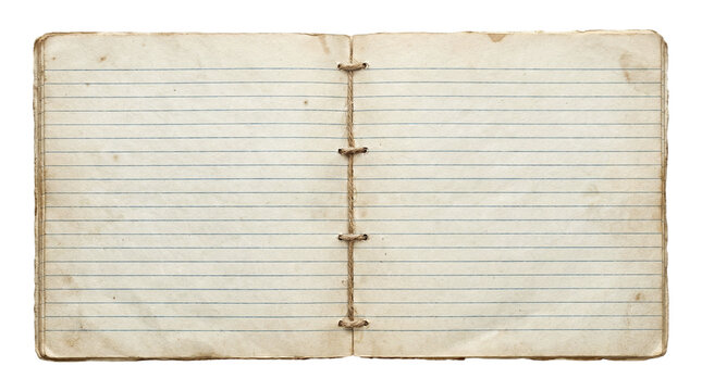 Open blank vintage notebook with lined paper pages bound with twine, old diary on a transparent background.