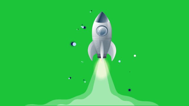 cartoon rocket launch on green screen with smoke flame and stars simple space animation seamless loop background clip