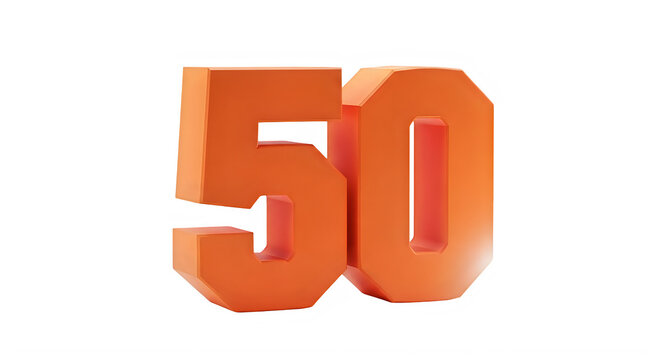 Large orange number fifty rendered in 3d on a pure transparent background for design use