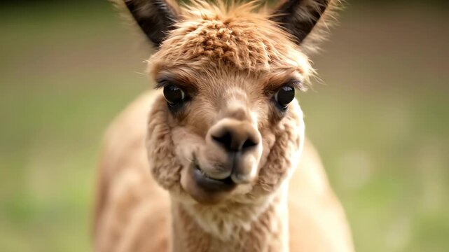 Close Up of a Cute Alpaca Eating Fresh Green Grass in a Field
