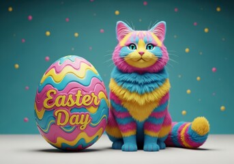 Naklejka premium Colorful cat sitting next to a decorated easter egg on the floor