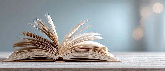 Naklejka premium Open book on wooden table with soft light and blurred background. Reading and education concept. Closeup pages with shallow depth of field
