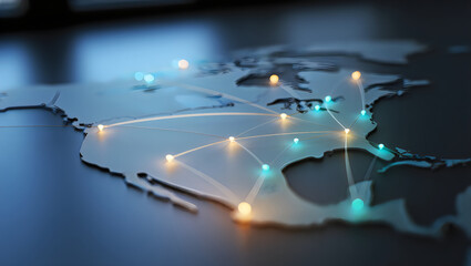 Obraz premium An illuminated map of North America shows a global network of connected cities.